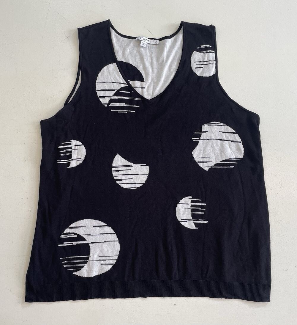 Chico's Women Knit Stretch Black Sleeveless Tank XL Spooky Moon Abstract Circles